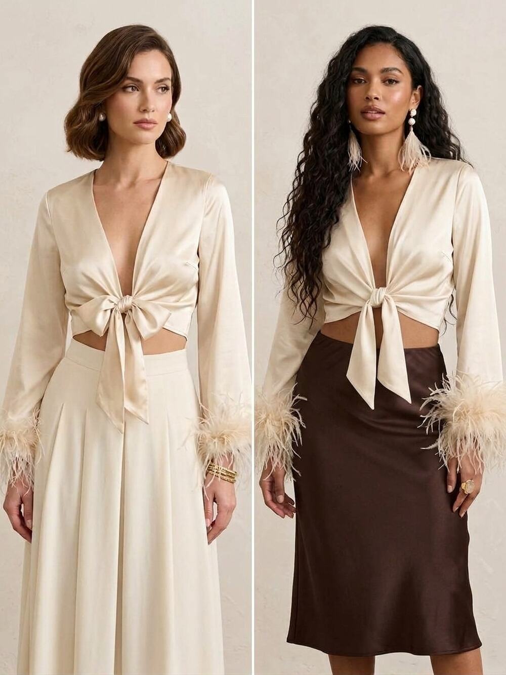 NWT Akira Ivory Satin Front Tie V Blouse Feather trim Cuff Party GLam Top Sz S